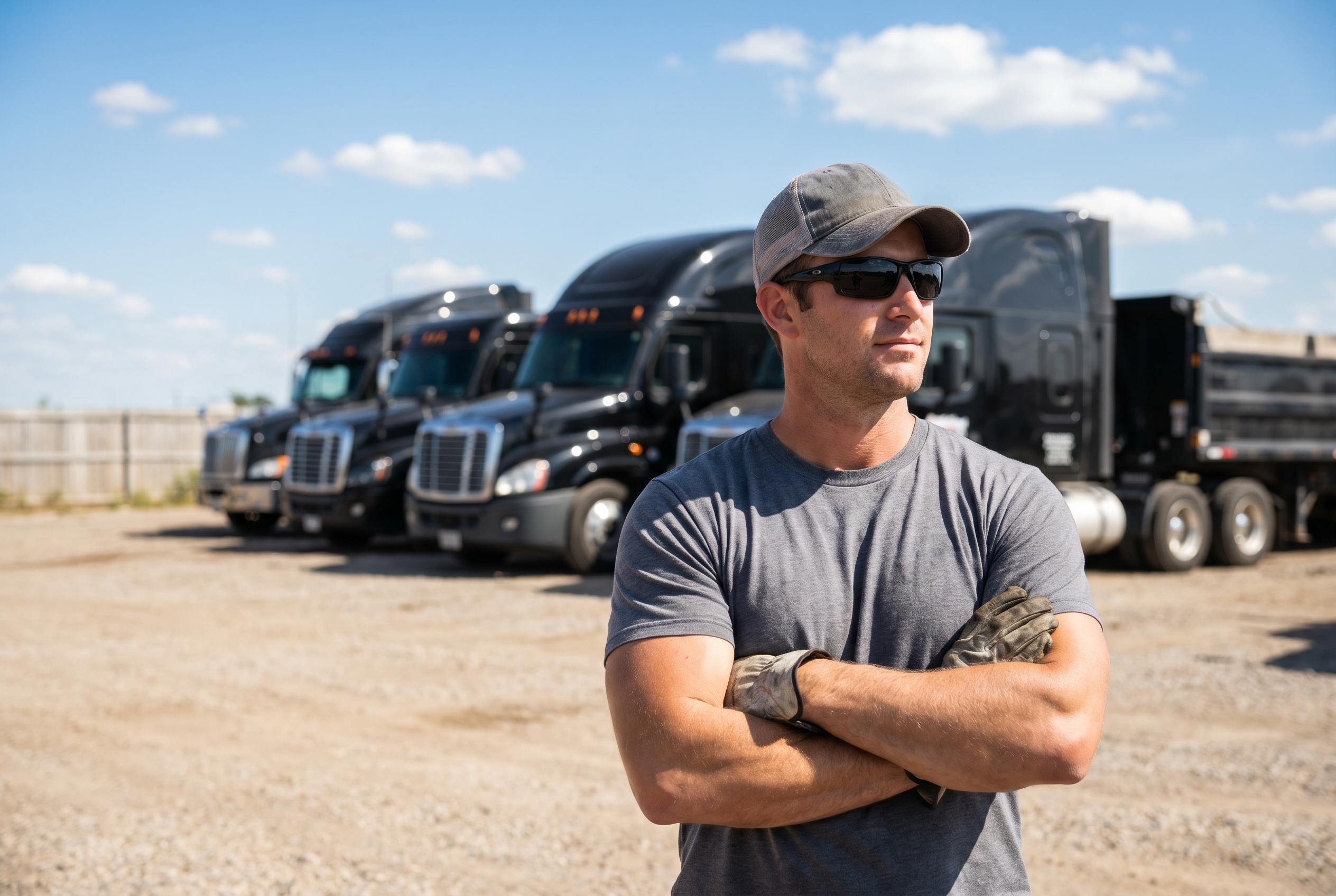 Fleet mechanic in front of trucks
