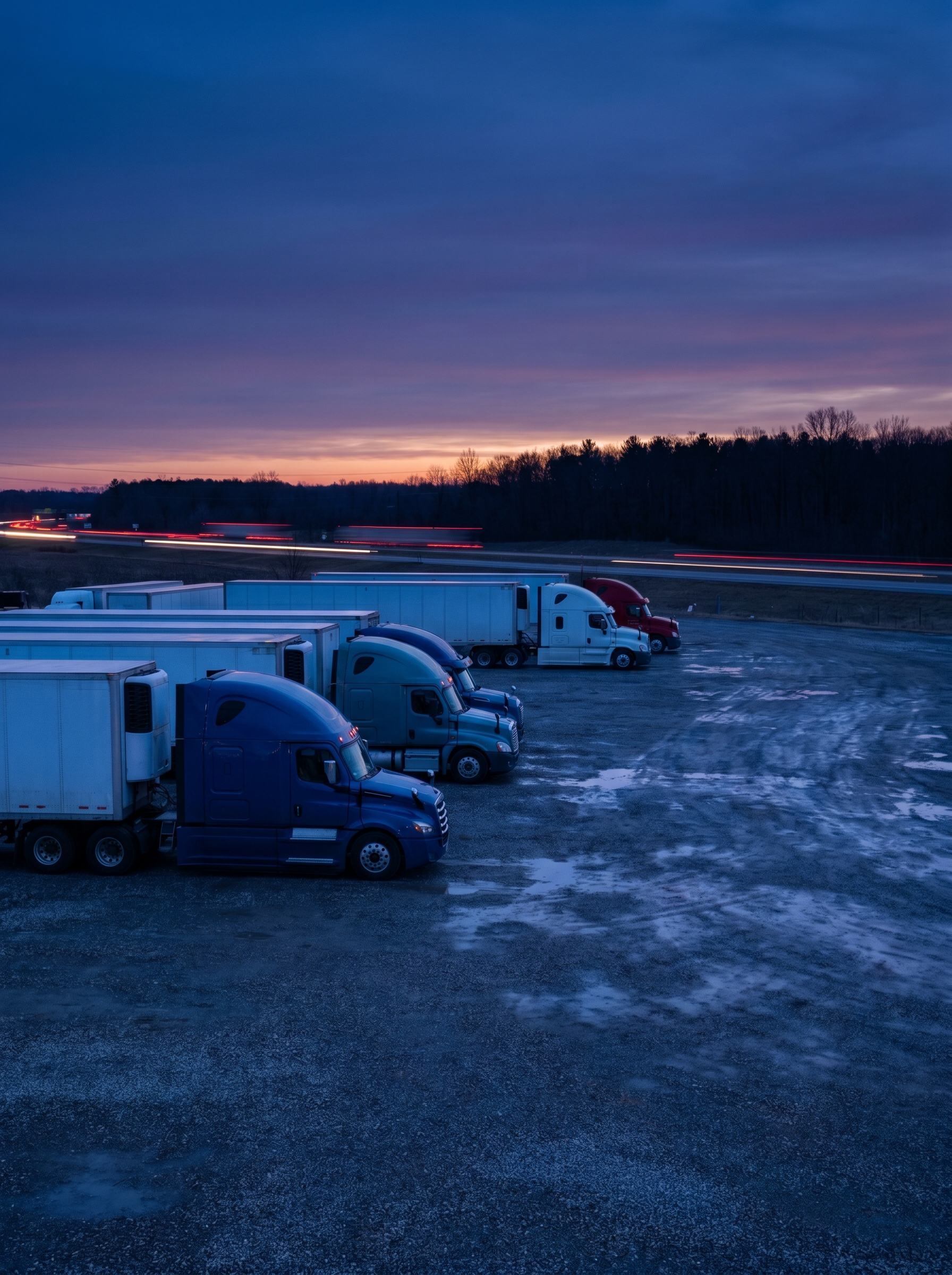 Trucks parked at dusk